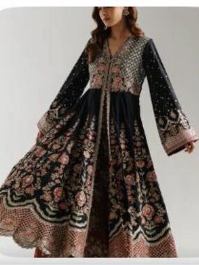 ETHNC Black Floral Long Sleeve Maxi Dress with Pink Accents